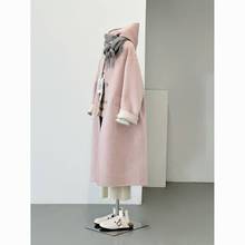 粉色雙面羊絨大衣女2023秋冬新款寬松韓版少女感連帽羊毛尼外套