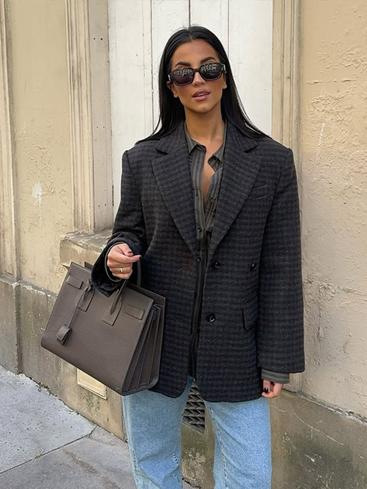 Chaqueta de Lana con Cuello de Traje y Cuadros para Mujer de Poliéster para Oficina image 6