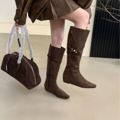2025新款方头侧拉链高筒绒面瘦瘦皮带扣不过膝骑士女长靴