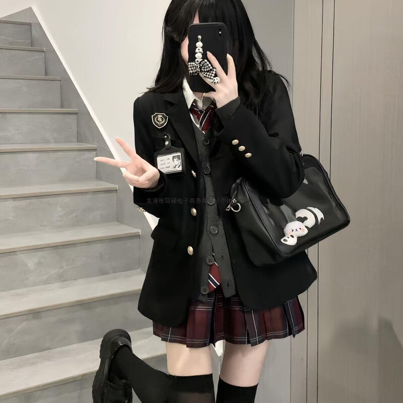 School Uniform Jk Suit Jacket Genuine Set College Style Black Three-Piece Suit Women's Waist-Cinching Spring and Autumn Jk