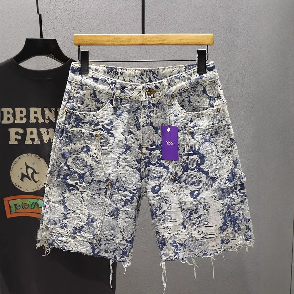 Jacquard Denim Shorts Men's Trendy Brand High-End Loose Straight Summer 5-Point Pants Casual Ripped Five-Point Pants