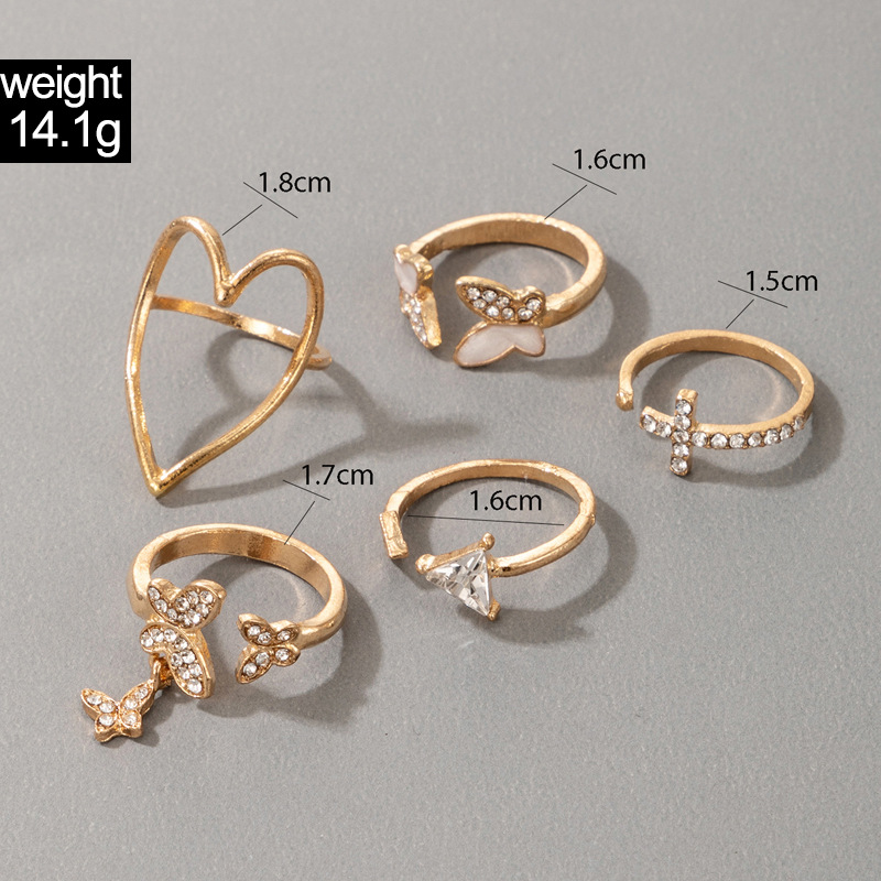 European and American retro jewelry dripping oil rhinestone heart cross butterfly open ring 5piece setpicture1