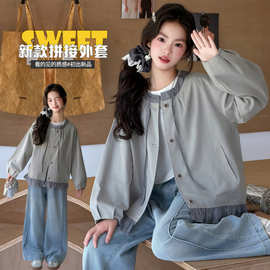 女童韩系外套秋季2026新款洋气儿童宽松格子拼接设计感休闲上衣潮