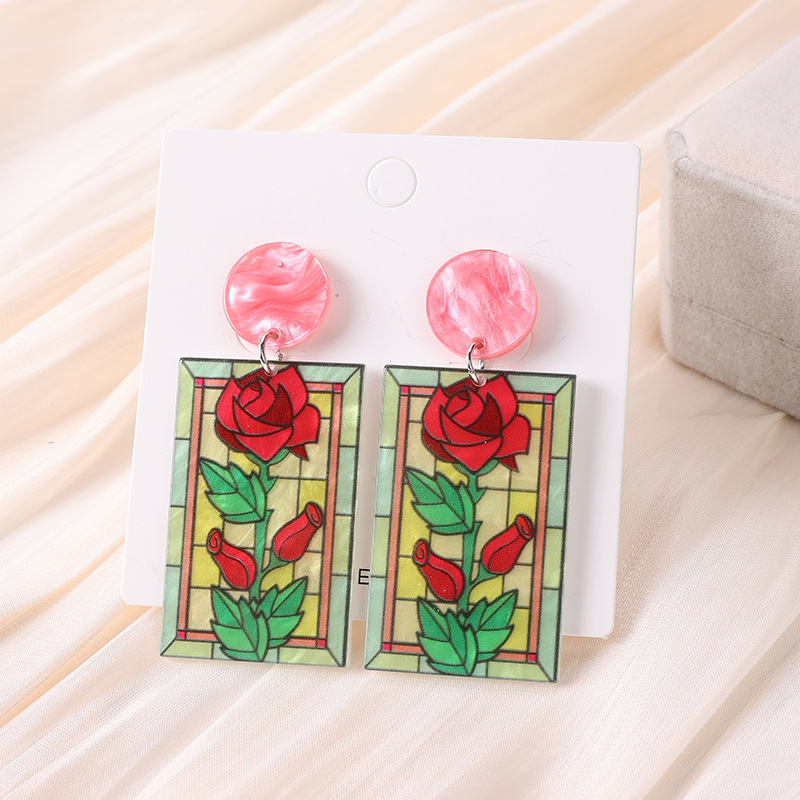 16g Weight Dangling Earrings Classification 1 Pair Quantity Holiday, Daily Occasion Acrylic Material Sunflower, Rose, Chrysanthemum Pattern Women's Gender Printing, Flowers Design Sweet Style 1 Pair Sweet Sunflower Rose Chrysanthemum Printing Flowers Arylic Dangling Earrings 5