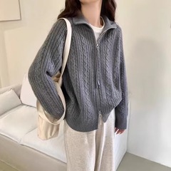 跨境爆款100%羊毛衫女秋冬麻花双拉链翻领针织开衫毛衣外套上衣厚