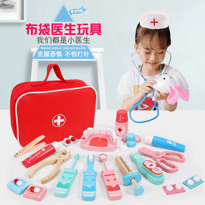 Educación Temprana de los niños y niñas educativos madera simulación paño bolsa medicina caja papel jugar sobre el hogar Juguetes