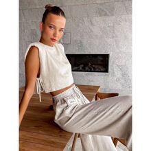 Spring Summer 2025 Women Holiday Linen Pant Set Crop ops�羳