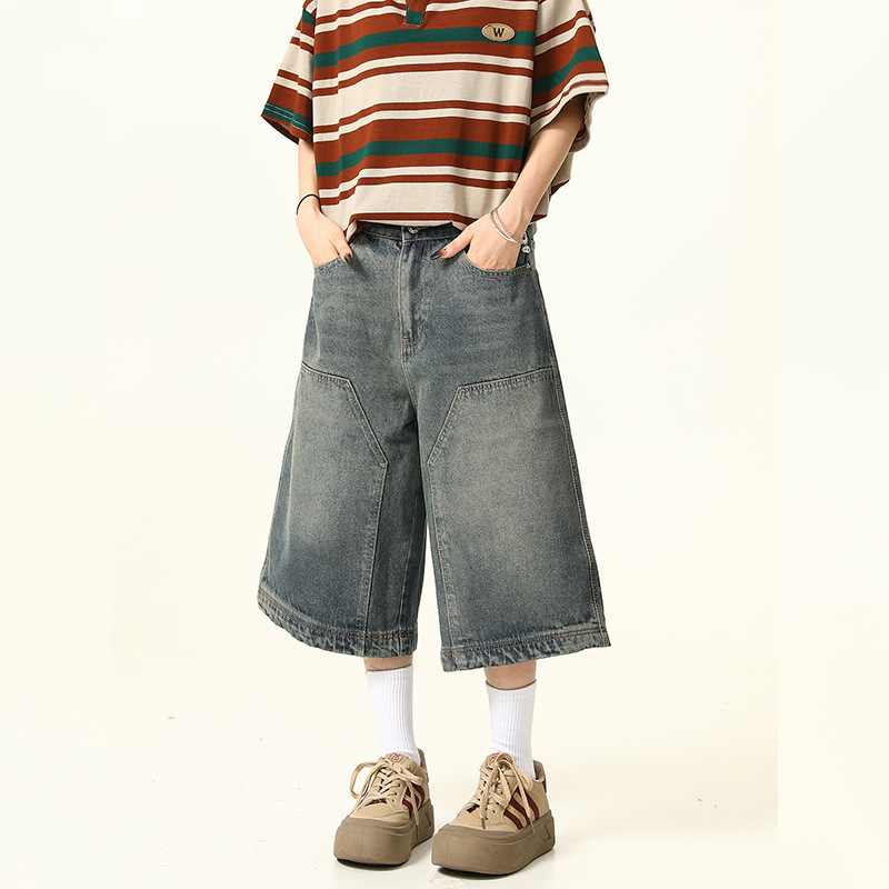 Pantalones cortos de mezclilla lavados en la calle retro americana pantalones de pierna recta para hombres y mujeres pantalones cortos de todo fósforo de la marca de moda de pierna ancha