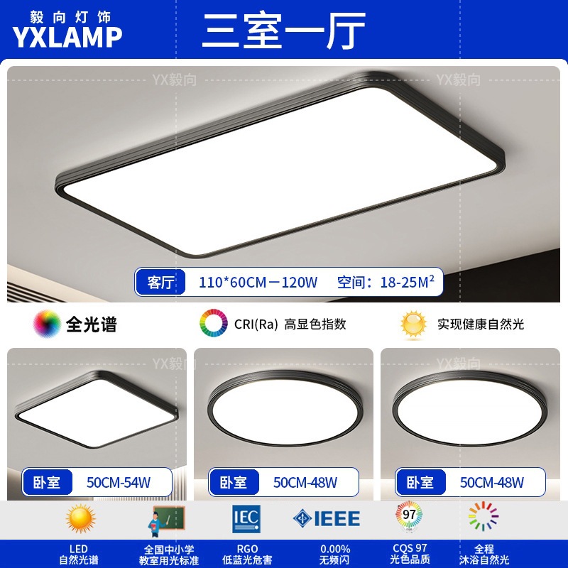 Luz de techo, lámpara de sala de estar, lámpara principal de espectro completo, protección de ojos, lámpara de dormitorio moderna simple sin hendiduras, lámpara negra Zhongshan