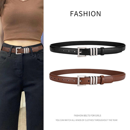 Genuine leather pin-buckle thin belt for women's pants, women's high-waisted fashion belt, internet-celebrity style belt, factory wholesale, versatile and all-match design.