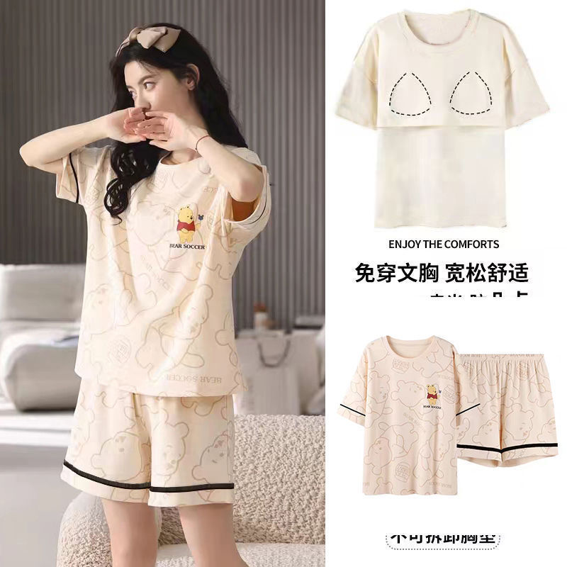 Women's Pajamas with Chest Pad Summer New 100% Cotton Short Sleeve Printed Anti-bump Home Wear