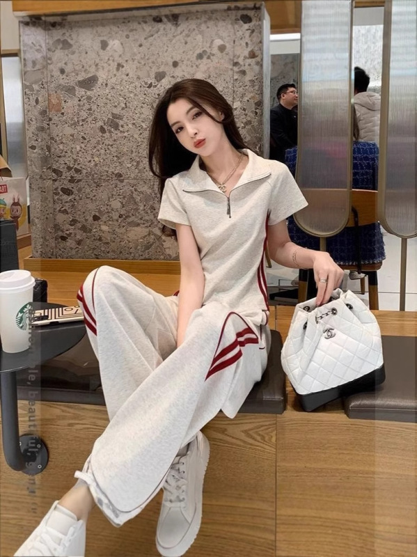 女性のためのファッショナブルなスーツ夏の新しい韓国スタイルの西洋スタイルの年齢を減らすポロカラートップカジュアルスポーツワイドレッグパンツ 2 点セット|undefined