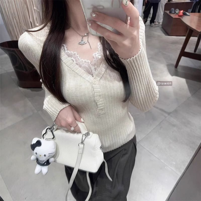 Korean-Style Lace Patchwork Pure Desire Style Base Sweater for Women, Autumn and Winter V-Neck Ribbed High-End Knitwear Inner Top