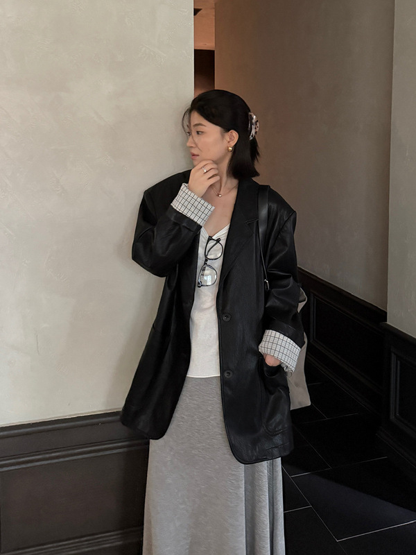 元派bluepops2025秋季新款格纹PU皮西装韩版廓形皮衣外套女A5666|undefined