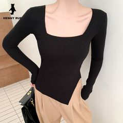 Autumn/Winter Double-Faced Fleece Elegant Green Side Slit Square Collar Top with Built-in Bralette, Can Be Worn as a Base Layer or Outerwear