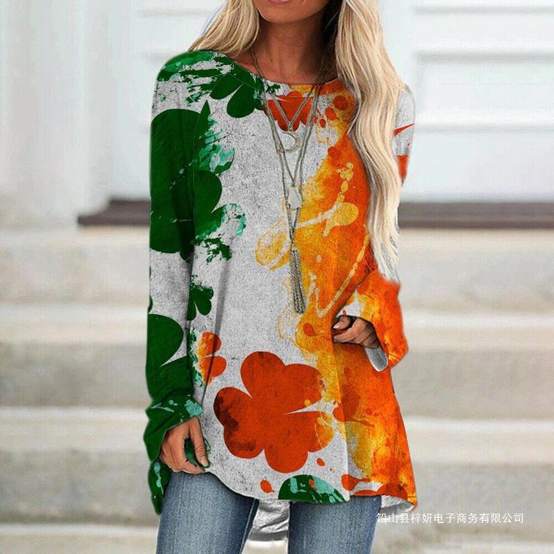 Foreign trade cross-border European and American women's clothing new wish independent station clover pattern printing long sleeve women's T-shirt pod