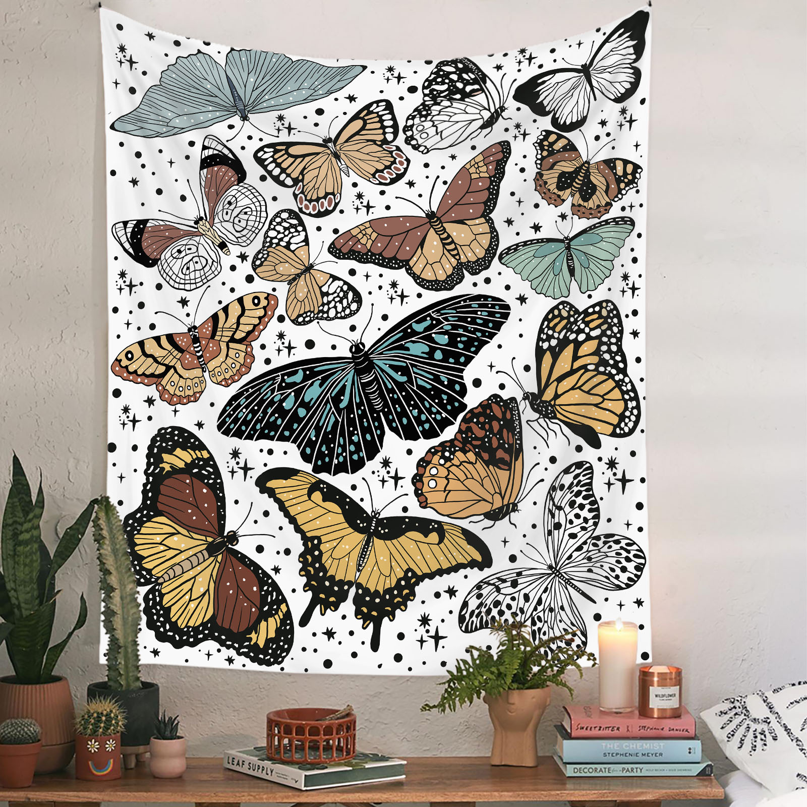 Moon, Flower, Butterfly Pattern Retro Moon Flower Butterfly Polyester Short Plush Tapestry