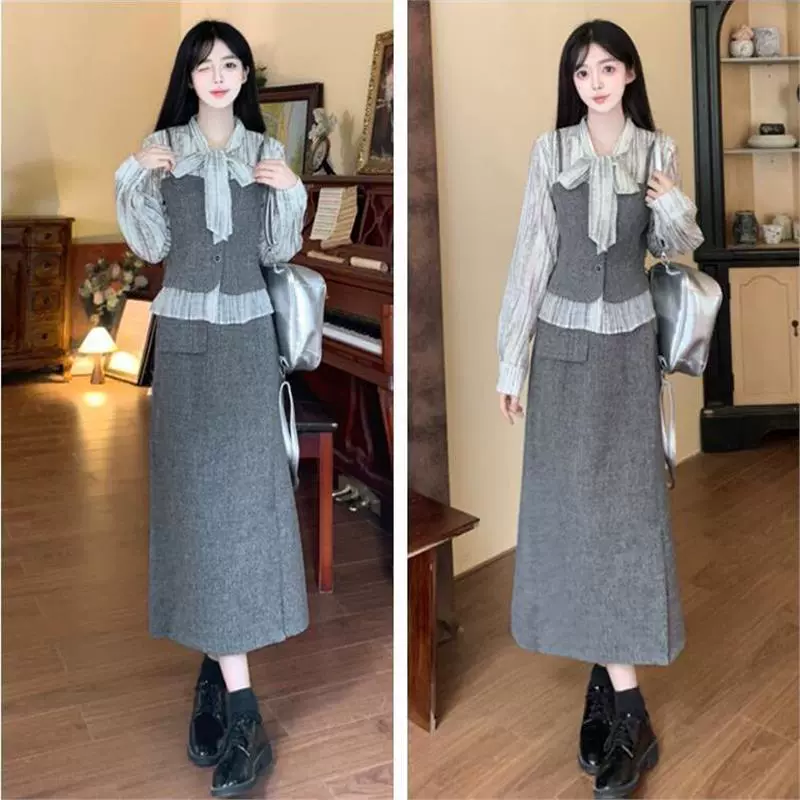 Плюс сайз модное платье-костюм в стиле Chanel для женщин, осень-зима, комплект из высококачественной рубашки и юбки с шнуровкой для полных.