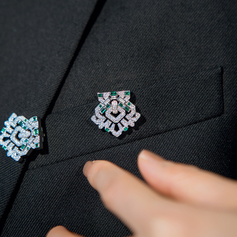 新しい925銀金メッキ対クリップart decoスタイル緑ナノ黒メノウ復古ブローチ