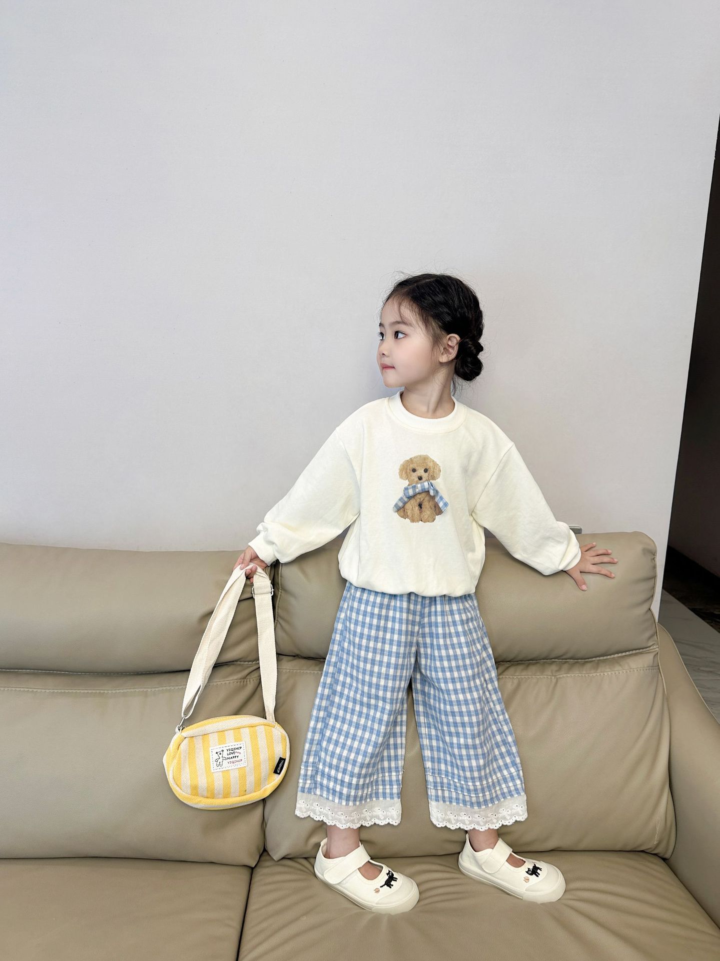 (2개) 2024 새로운 가을 어린이 캐주얼 베어 최고 격자 무늬 바지 세트