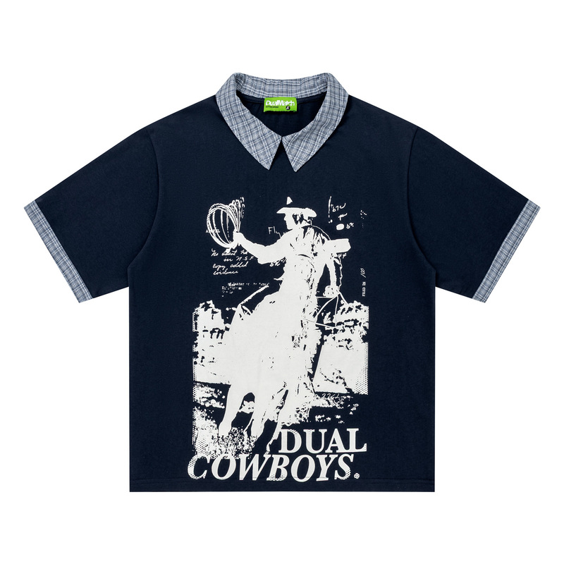 American Street Style Retro Plaid Collar Short-Sleeve T-Shirt Unisex Trendy Brand Western Portrait Print Loose Versatile Polo Shirt