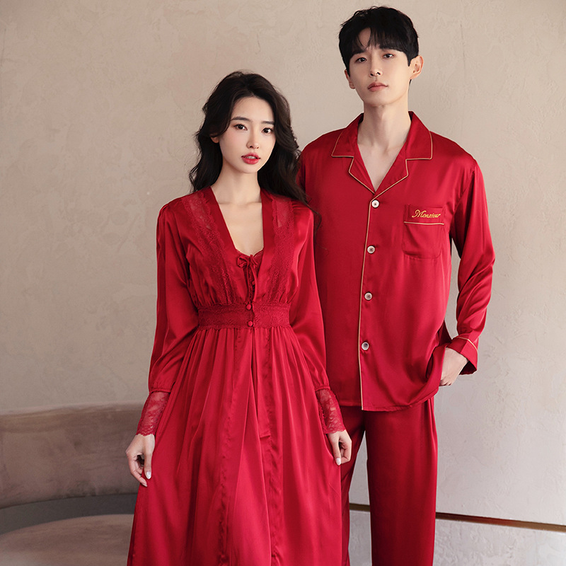 Ice silk wedding bride long morning gown red birth year men's and women's pajamas with chest pad wedding couple suit high sense
