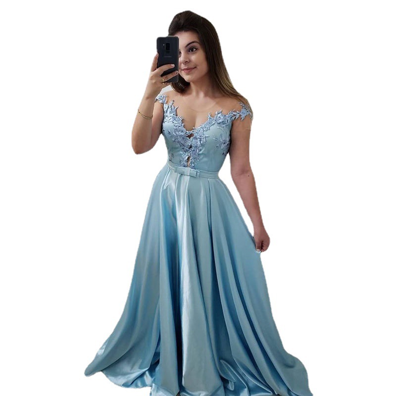 Vestido de noche largo de encaje y satén, estilo europeo y americano, para comercio exterior, Amazon, AliExpress, Wish, vestido de fiesta, entallado
