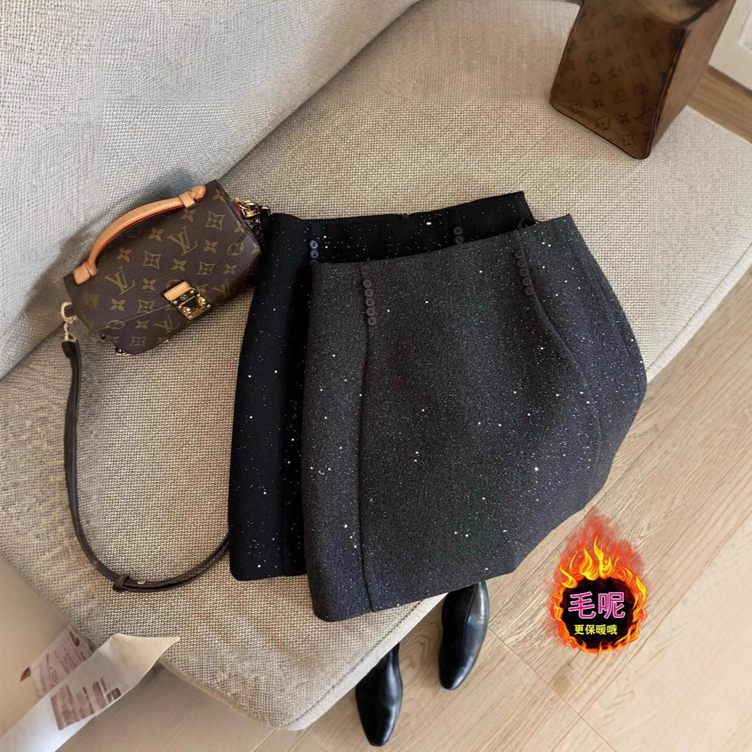 Plus-Size Chanel-Style Sequin Short Skirt, Winter Thickened Woolen Half Skirt, Slimming Bodycon Sequin Skirt