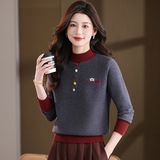 秋冬新款时尚彩扣圆领长袖针织衫女上衣洋气妈妈宽松打底绣花毛衣，女装针织衫/毛衣，妃慕昵服饰