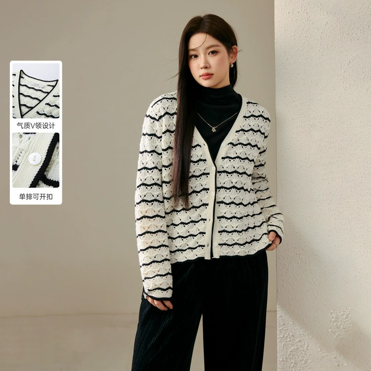 Полнотекстный женский ретро повседневный простой полосатый ленивый ветер полый свитер жирный mm2024 осенний новый