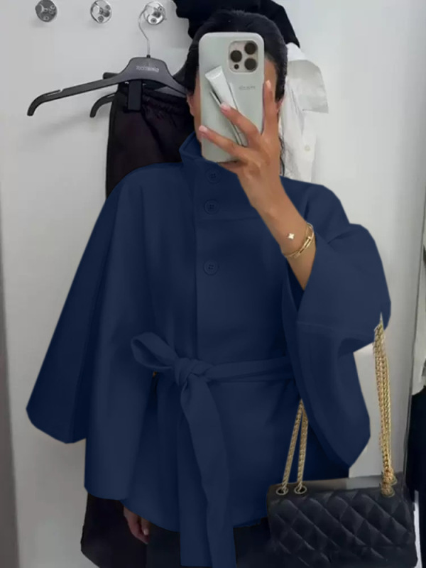 设计感立领收腰显瘦系带纯色呢子外套女2025跨境欧美风新款|undefined