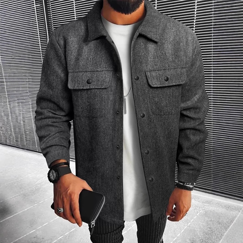 2025 Autumn New Men's Woolen Jacket Solid Color Jacket Coat Lapel Button Front Flap Pocket Coat