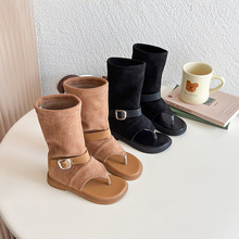 2025夏季新款时髦辣妹圆头夹趾扣带外穿中筒儿童凉靴女童罗马鞋潮