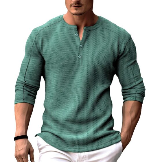 2023 Independent station Foreign Trade men's waffle henley collar T-shirt top vacation long sleeve casual fashion