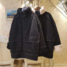 冬季灰黑色牛仔棉服外套女年新款加绒加厚中长款仿羊羔毛棉衣
