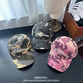 美式星星字母刺绣棒球帽女百搭时尚水洗破洞迷彩防晒遮阳鸭舌帽子
