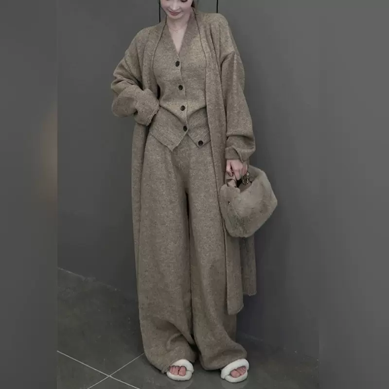 直播热卖秋冬三件套软糯柔软大气长款大开衫时尚气质百搭慵懒套装