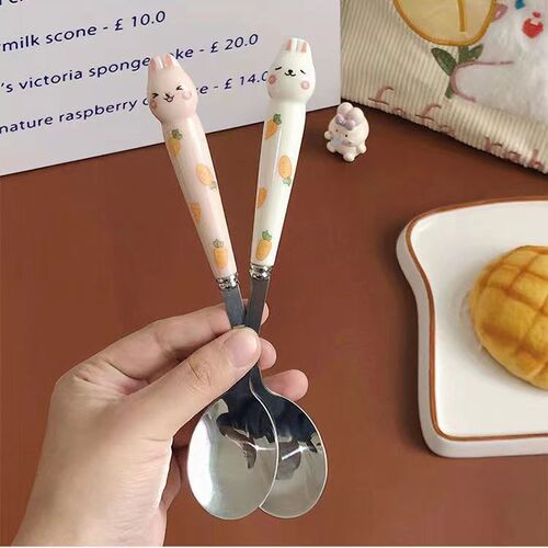Cute Rabbit Cartoon Stainless Steel Three-Piece Set Convenient Student Outdoor Spork Fork Chopsticks Box Gift Set