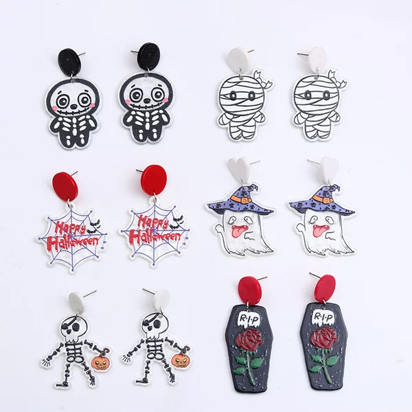 New Foreign Trade Halloween Earrings with a Sense of Design, Printed Spider Web and Skull Acrylic Earrings for Women