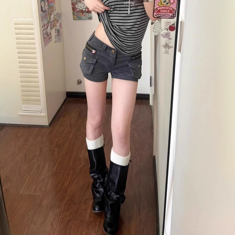 Plus-Size American Retro Workwear Pocket Denim Shorts for Women, Summer New Versatile Slimming A-Line Hot Pants Trendy