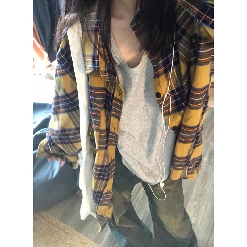 森系橘色格纹衬衫女叠穿年轻ins宽松遮肉显瘦长袖衬衣外搭开衫潮|undefined