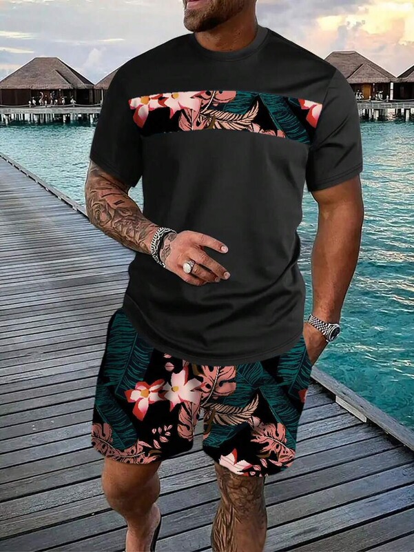クロスボーダーホットスタイルヨーロッパとアメリカのファッションTシャツレタープリント夏のストリートルーズカジュアルショーツヒップホップスポーツスーツ|undefined