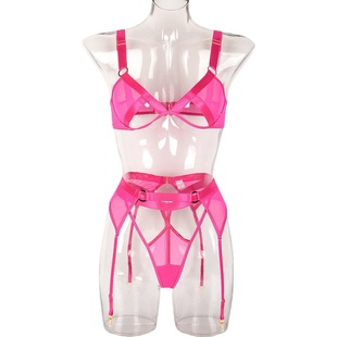Foreign Trade Women's Clothing European and American Explosive Summer Mesh Solid Color Perspective Open Waist Sling Sexy Underwear Three-piece 3084