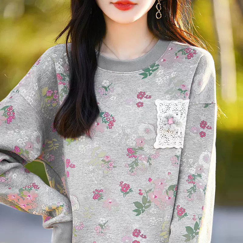 秋冬新款毛衣圆领宽松加绒加厚碎花卫衣慵懒套头花朵上衣跨境批发