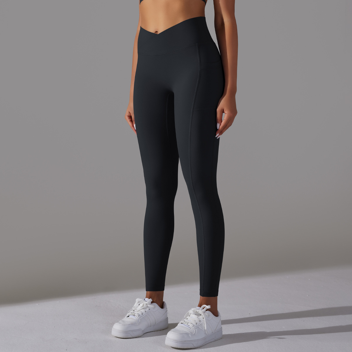Abbigliamento da donna Pantaloni da yoga con tasca sui fianchi incrociati in nylon double face a vita alta, pantaloni da fitness da corsa sportivi_voghion.com
