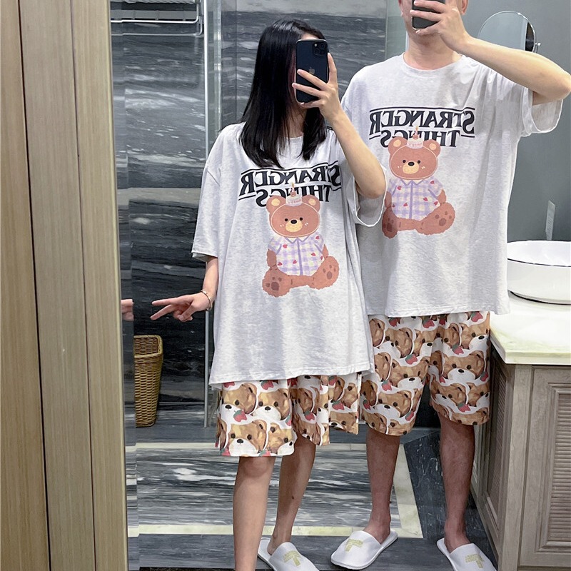 Japanese short-sleeved couple pajamas summer cartoon bear printed home wear plus size fat mm200 kg shorts suit