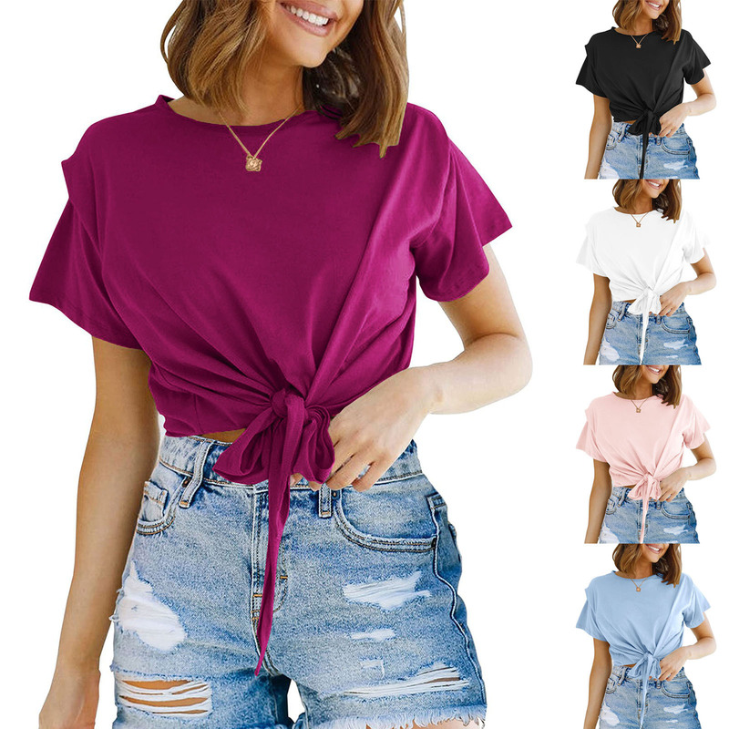 Women's casual short-sleeved front lace-up top round neck summer solid color navel top T-shirt
