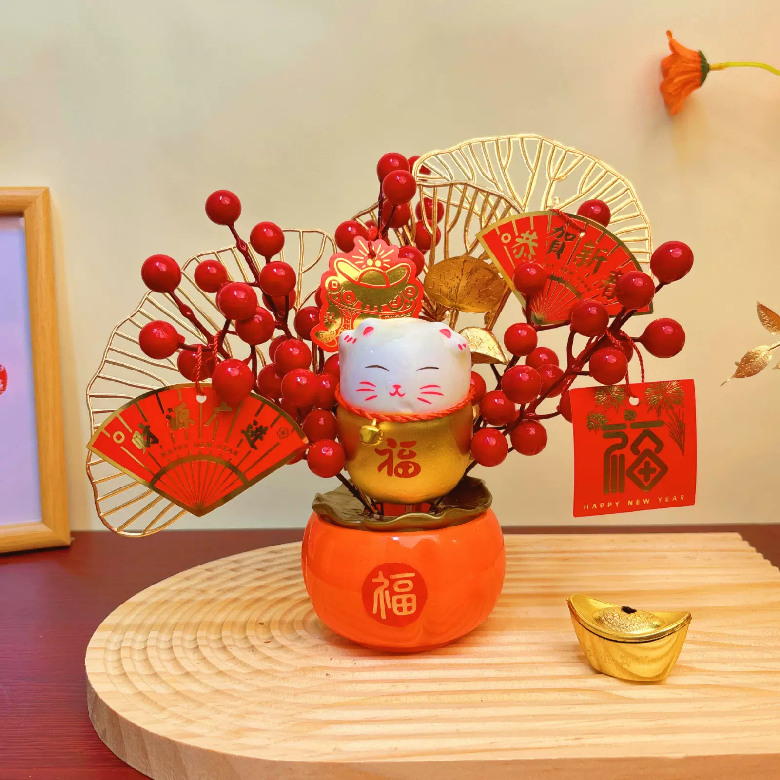 2025年春节发财果新年摆件仿真红果柿子福桶结婚客厅乔迁装饰礼物