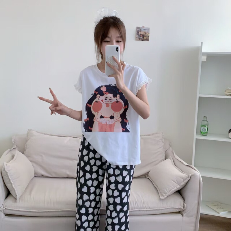 Spring and Summer New Cute Design Sense Cartoon Buck Teeth Girl Lace Short Sleeve Trousers Can Wear Outer Home Clothes Pajamas suit