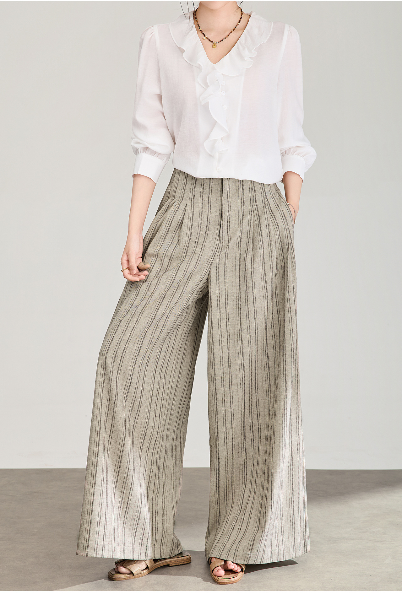 Quần culottes nữ ống rộng sọc kẻ dọc chất liệu tencel cao cấp phong cách công sở — màu kaki chi tiết 2